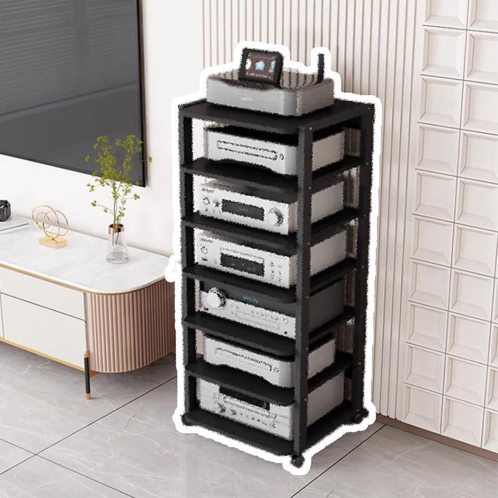 BIUBPW AV Media Cart 6 Tier Wooden Shelf Mobile Media Storage Shelves