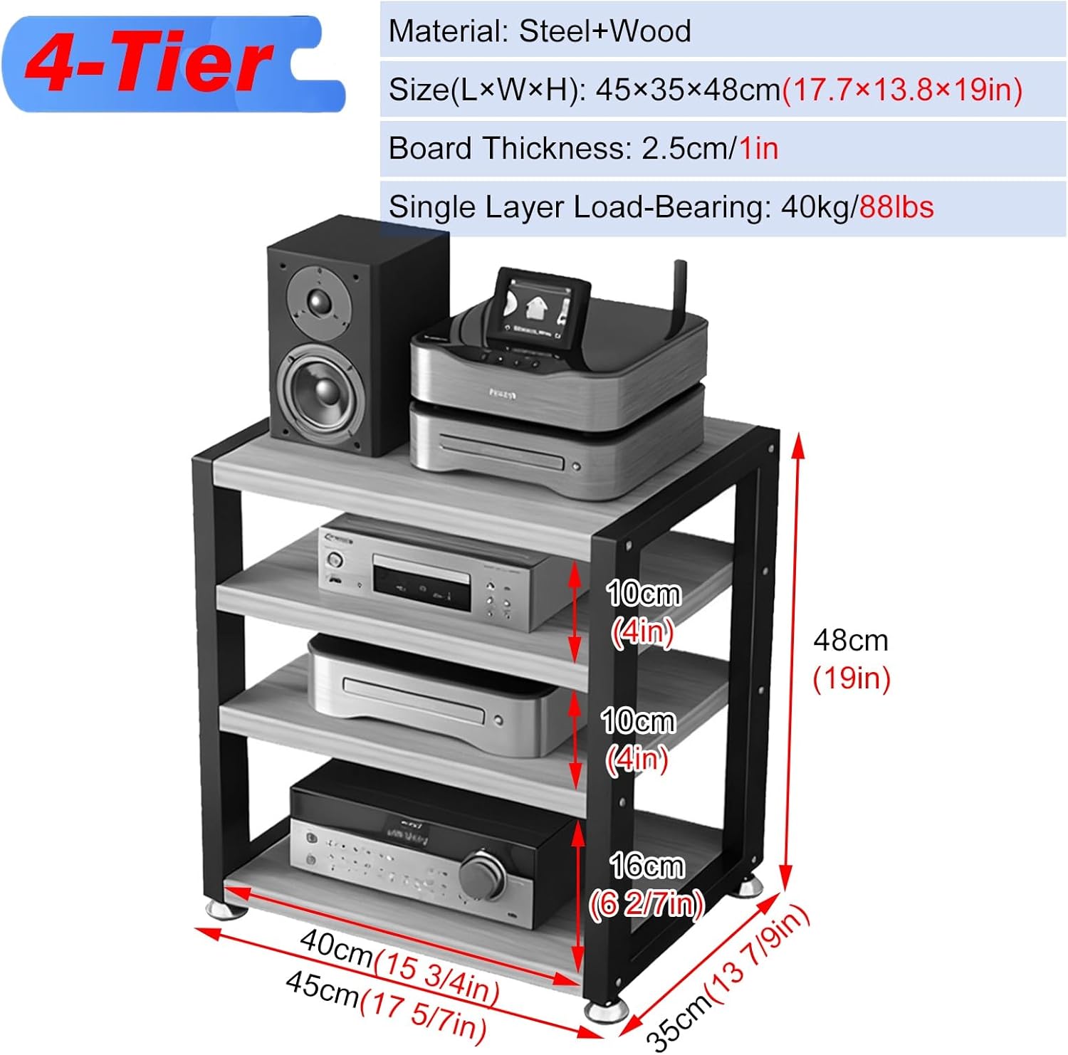 RENLXFI 4-Tier Record Player Stand 48cm Tall