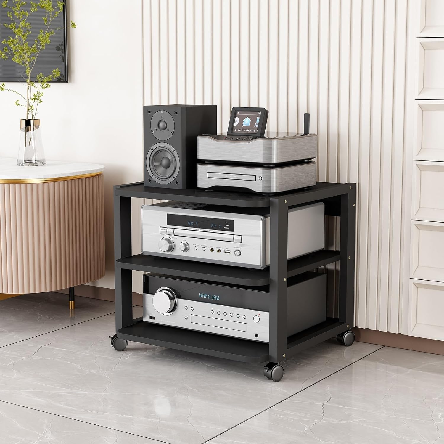 3/4/5/6/7 Tier Stereo Rack Audio Tower CD Media Player Stand Audio/Video Component Cabinet Corner TV Stand Movable Storage Shelf with Wheels for Home/Office/Theater