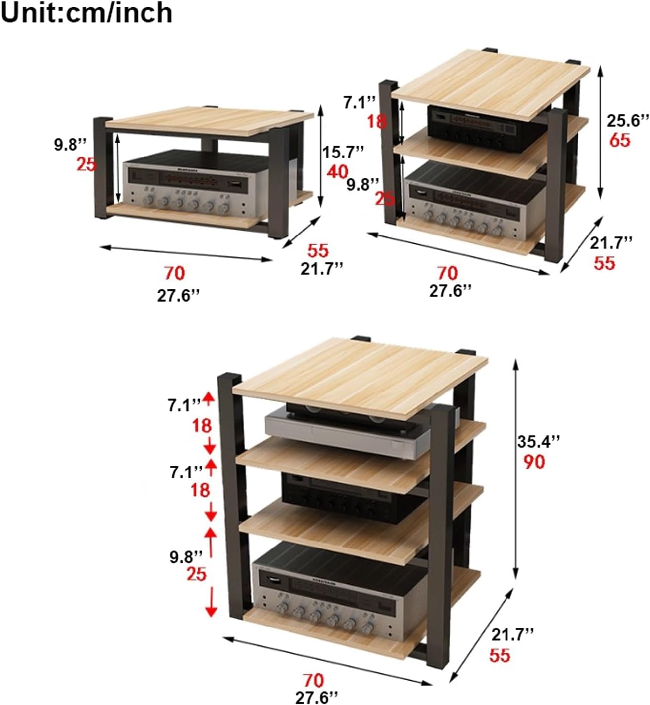 XMFBSY Medios Open Stereo Component Cabinet AV Media Stand Wooden HiFi Stand Audio-Video Shelving Modern DVD CD Record Player Console Holder for Home Theater Organizer(Natural