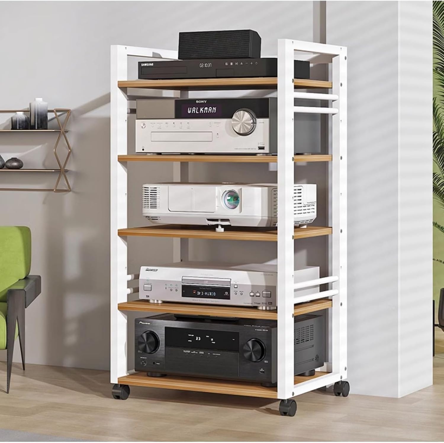 UYCVT Movable Media Stand Audio-Video Media Stand with 5 Height-Adjustable Wooden Shelf