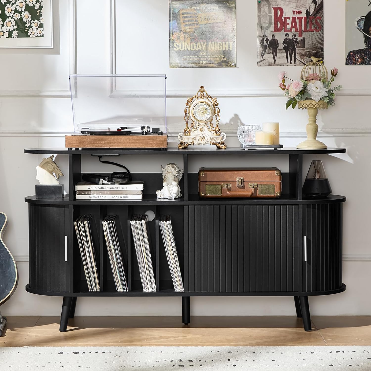 LELELINKY Large Round Record Player Stand with Charging Station & Fluted Panel