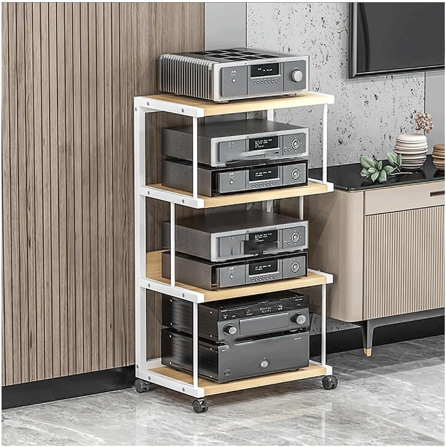 PZEOB AV Media Stand 3/4 Tier Audio Tower Rack with Wheels Audio-Video Shelving Wooden Media Storage Shelves Stereo Stand Stereo Rack(White