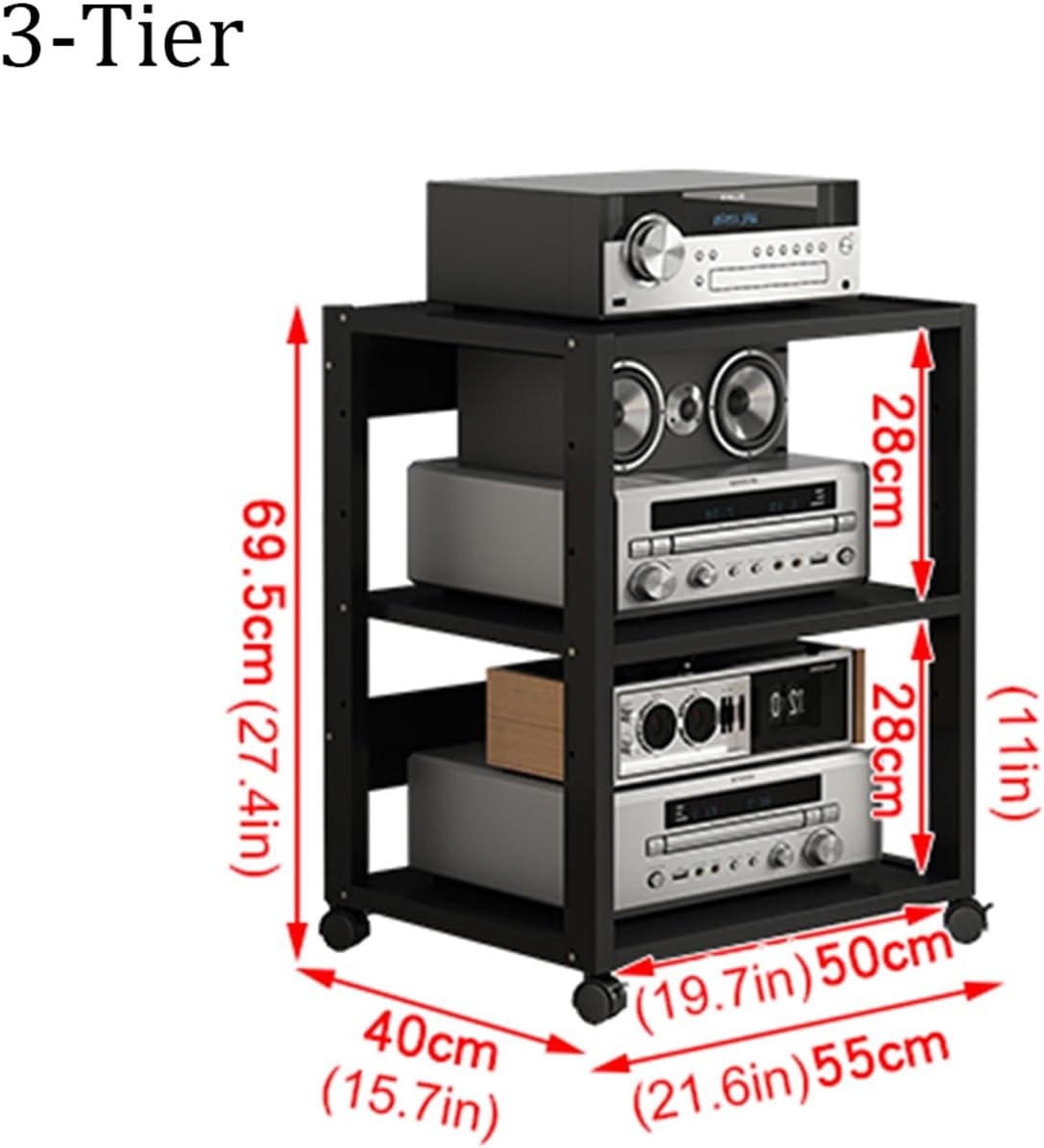 3/4/5/6-Tier AV Media Stand Corner Shelf CD Player Stand Stereo Component Storage Cabinet Movable Audio Rack Tower with Height Adjustable Wooden Shelf for Home/Office/Theater (Color : B