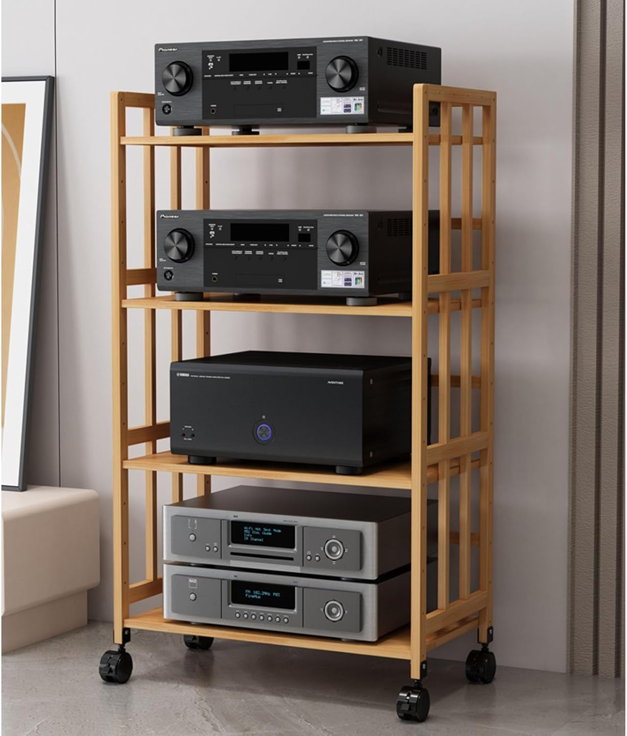 WUHUQN 4-Tier Movable Audio Rack AV Media Cabinet with Adjustable Shelf