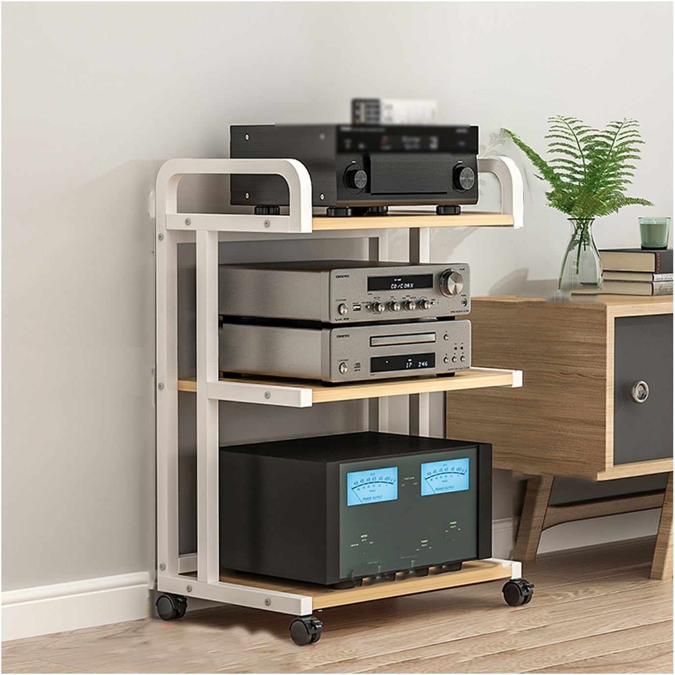 XLTFUC AV Media Storage Cabinet Record Player Stand 3-Layer Wooden Shelves