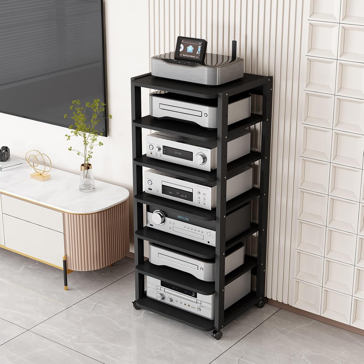 3/4/5/6/7 Tier Stereo Rack Audio Tower CD Media Player Stand Audio/Video Component Cabinet Corner TV Stand Movable Storage Shelf with Wheels for Home/Office/Theater