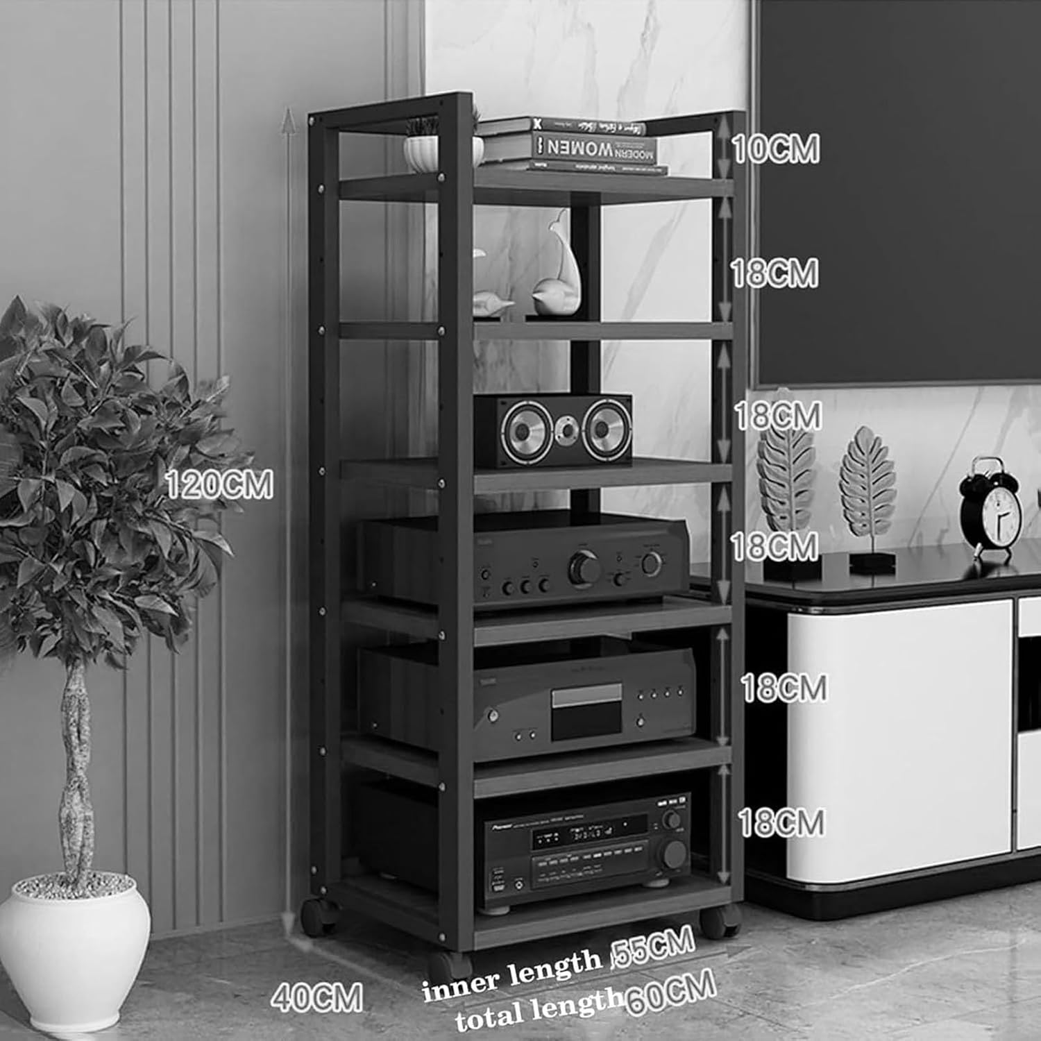 DONGYUE 6-Tier Movable Media Stand Audio/Video Rack CD Player Stand Stereo Component Storage Cabinet with Height Adjustable Wooden Shelf