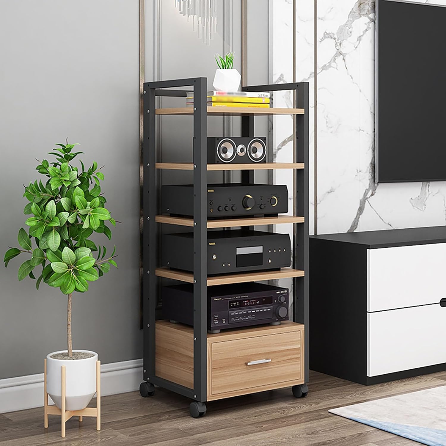 DONGYUE 60 Long Multi-Tier AV Media Stand TV Corner Shelf with Storage Drawer
