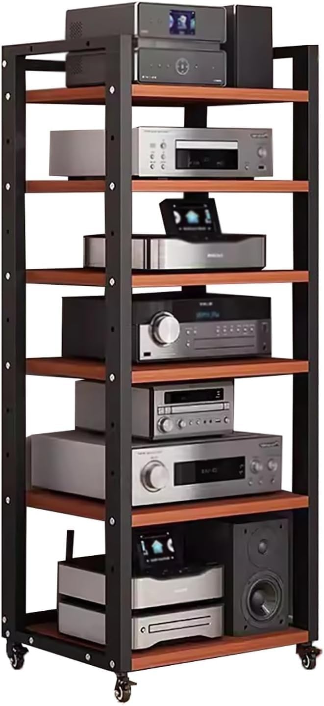 ROPCVAX 6 Tier Audio Video Rack Movable AV Media Stand Wooden Corner Shelf Record Player Turntable Stereo Component Console Cabinet Open Storage Rack For Home Office Theater Living Gaming Room Red C