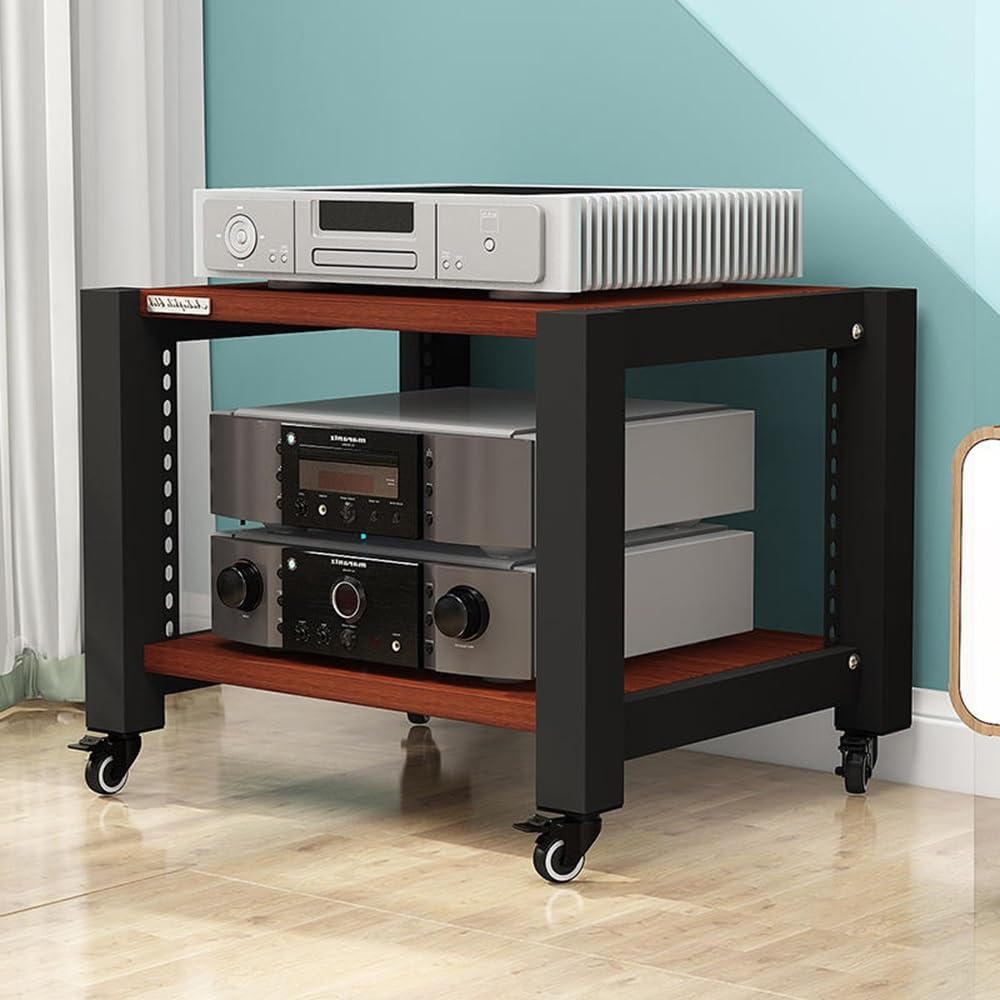 GSKDZG Movable AV Media Stand 2 3 4 5 Tier Audio Rack Tower with Adjustable Shelf Stereo Cabinet Open Media Storage Cabinet Component Cabinet(Teak