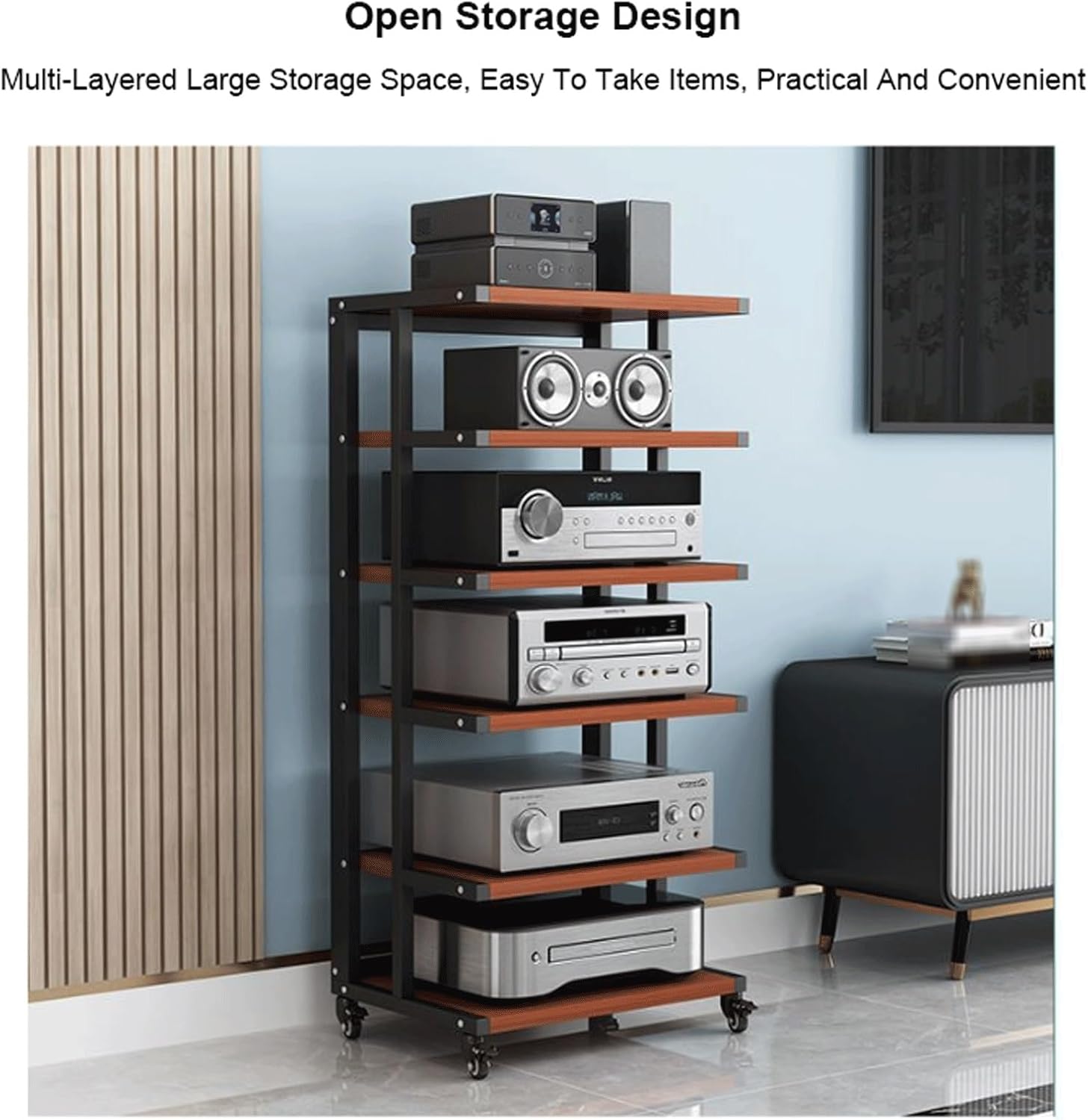 XMFBSY Medios AV Media Stand HiFi Rack Wooden Open Stereo Component Cabinet Movable Rack Audio Tower with Wheels Entertainment Center Shelves for DVD Players Organizer(Rojo