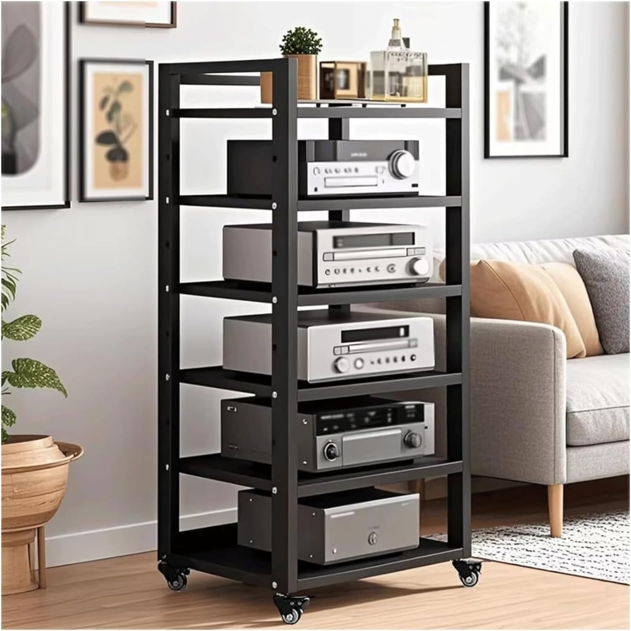 XMFBSY Medios 6 Tier AV Media Stand with Wheels Adjustable Record Player DVD CD Audio Rack Tower Holder Modern Open Stereo Cabinet for Living Room Organizer(Black)