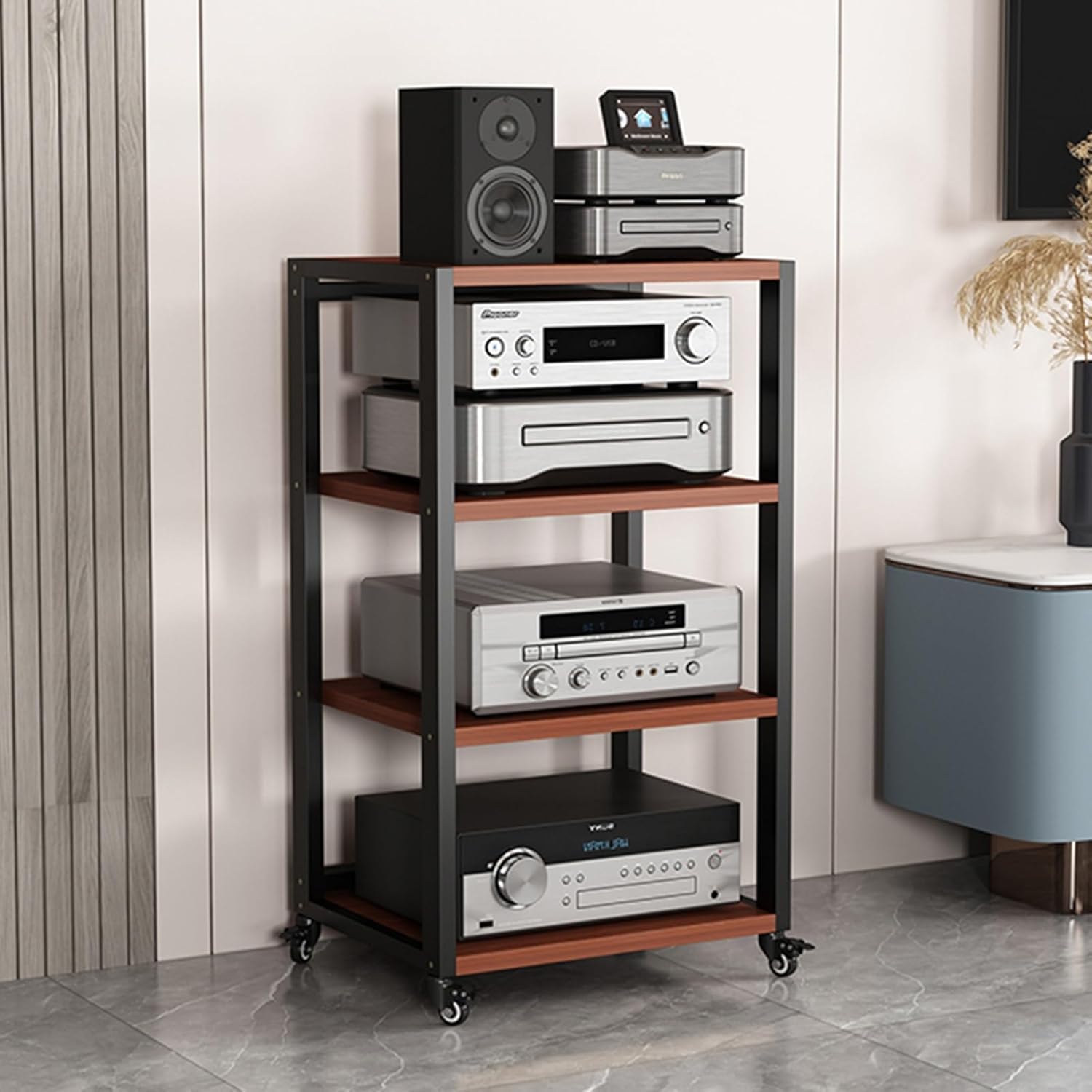 Movable AV Media Stand CD Player Stand Stereo Rack HiFi Racks Corner TV Stand Audio Video Components Cabinet with Height Adjustable Wooden Shelf for Home/Office/Theater