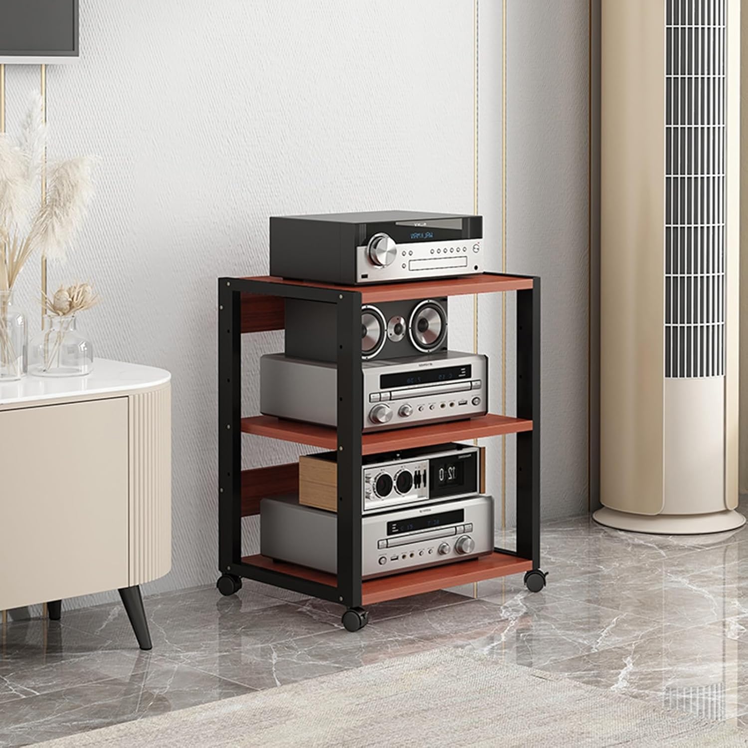 3/4/5/6-Tier AV Media Stand Corner Shelf CD Player Stand Stereo Component Storage Cabinet Movable Audio Rack Tower with Height Adjustable Wooden Shelf for Home/Office/Theater (Color : B