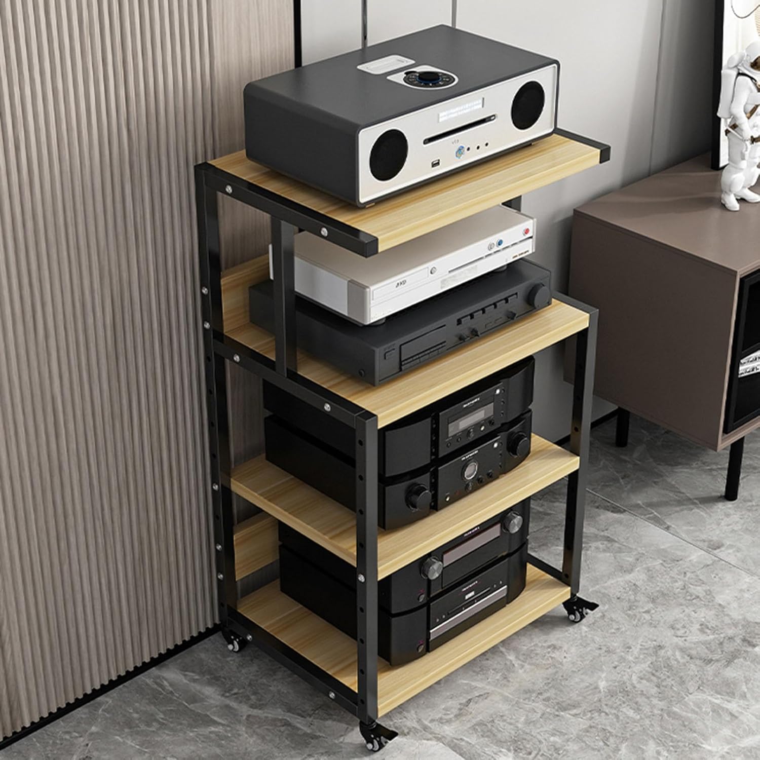 4-Tier Movable AV Media Stand Audio Rack Tower CD Player Stand Stereo Component Storage Cabinet with Height Adjustable Wooden Shelf for Home/Office/Theater