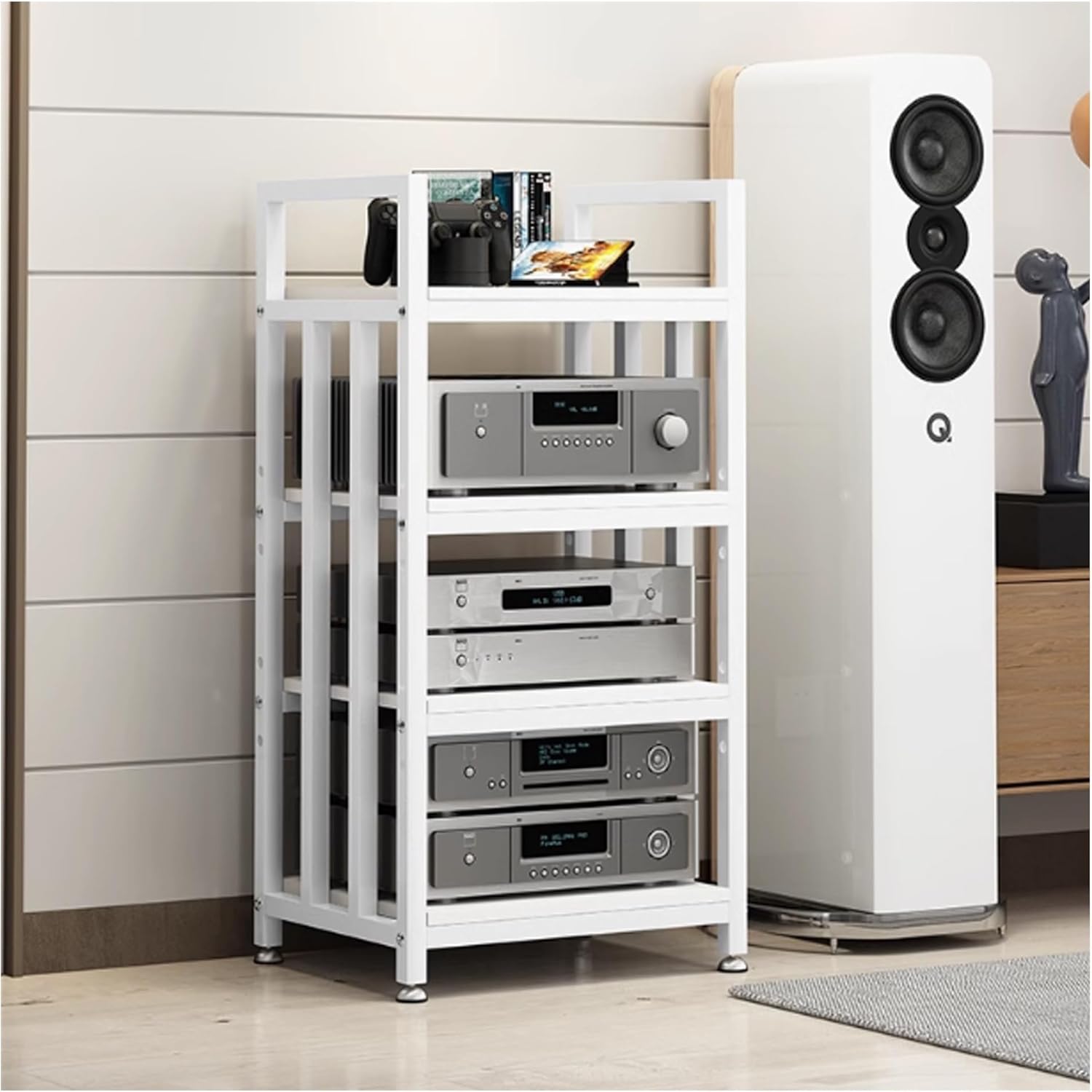 White Wooden Av Media Stand For Home Office And Theater Open Stereo Stand Audio Video Shelving Rack For Recording Room Small Media Console With Audio Component Tower Cabinet