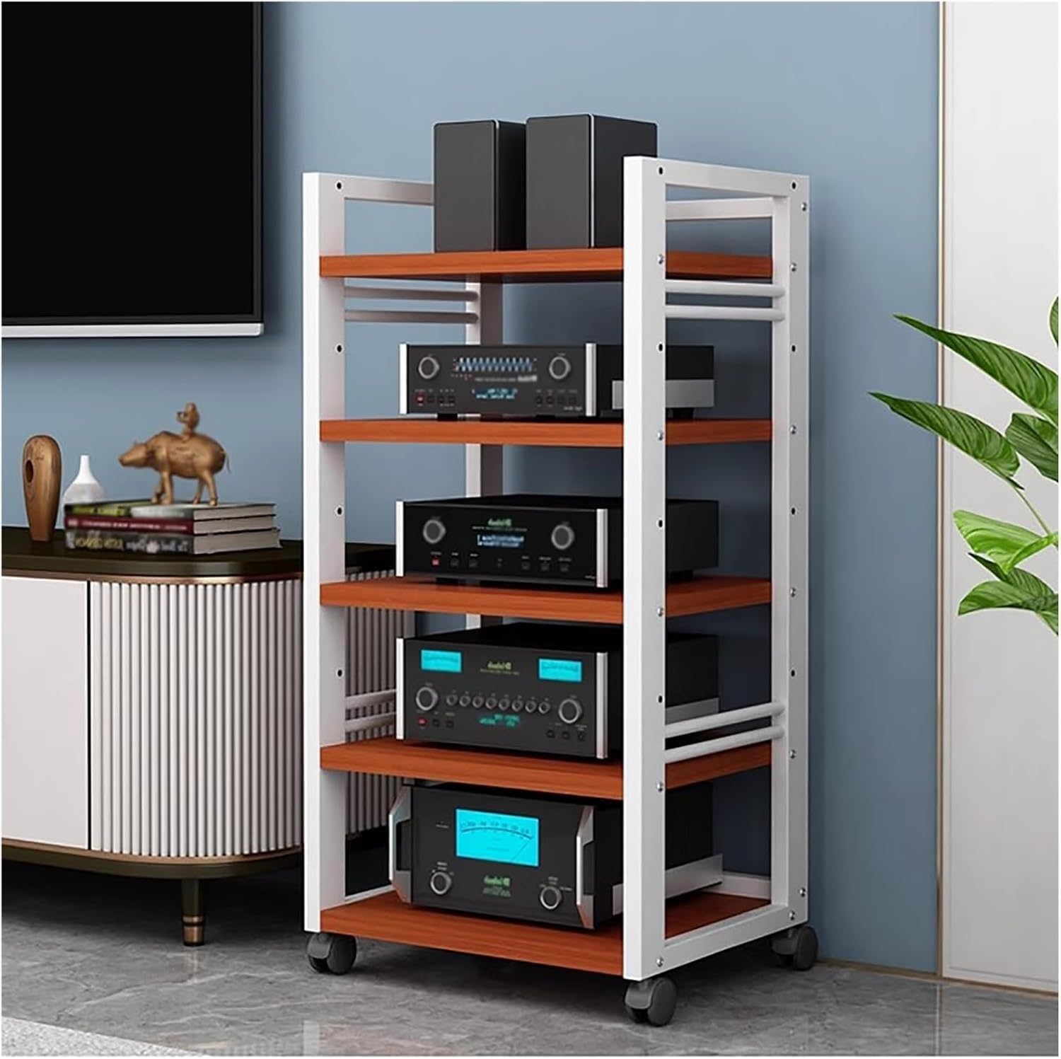 ROPCVAX 5 Tier AV Media Stand Corner Shelf Storage Rack Cabinet for Game Console Turntable Stereo Component CD Record Player Entertainment Center Shelves for Living Gaming Room White