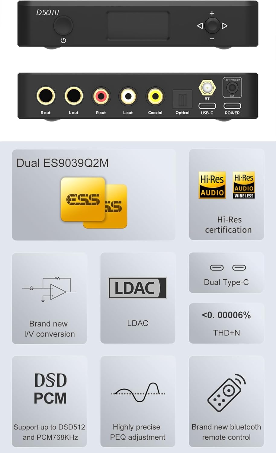 Topping D50 III DAC Preamplifier - LDAC Bluetooth 5.1 Dual ES9039Q2M D/A Chips Supports DSD512 PCM768kHz