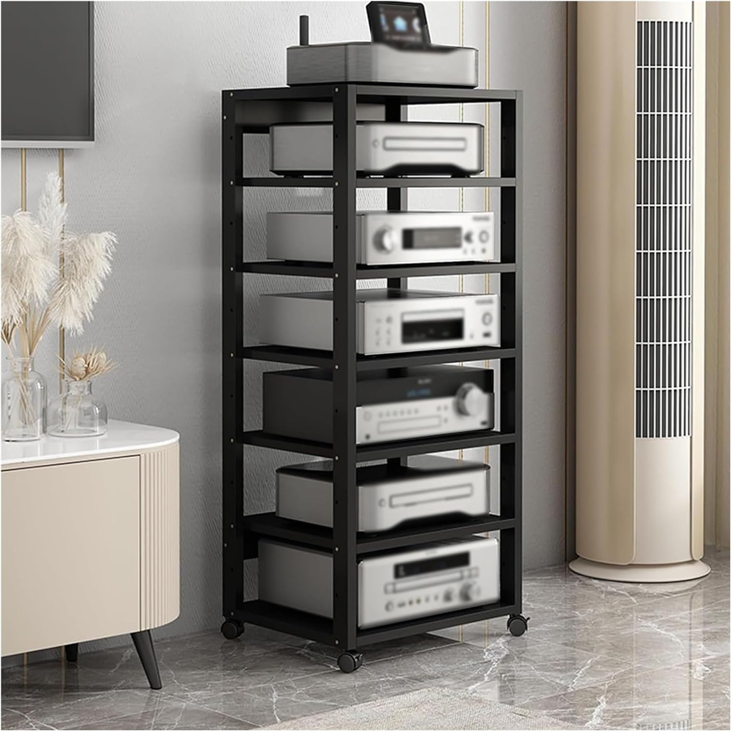 UYCVT 7-Tier Audio Video Rack Tower - 131Cm Tall Media Storage Cabinet for Tv Stereo Speakers Game Consoles DVD/Cd Players Receiver - Corner Entertainment Center Solution-Black-7 Tier