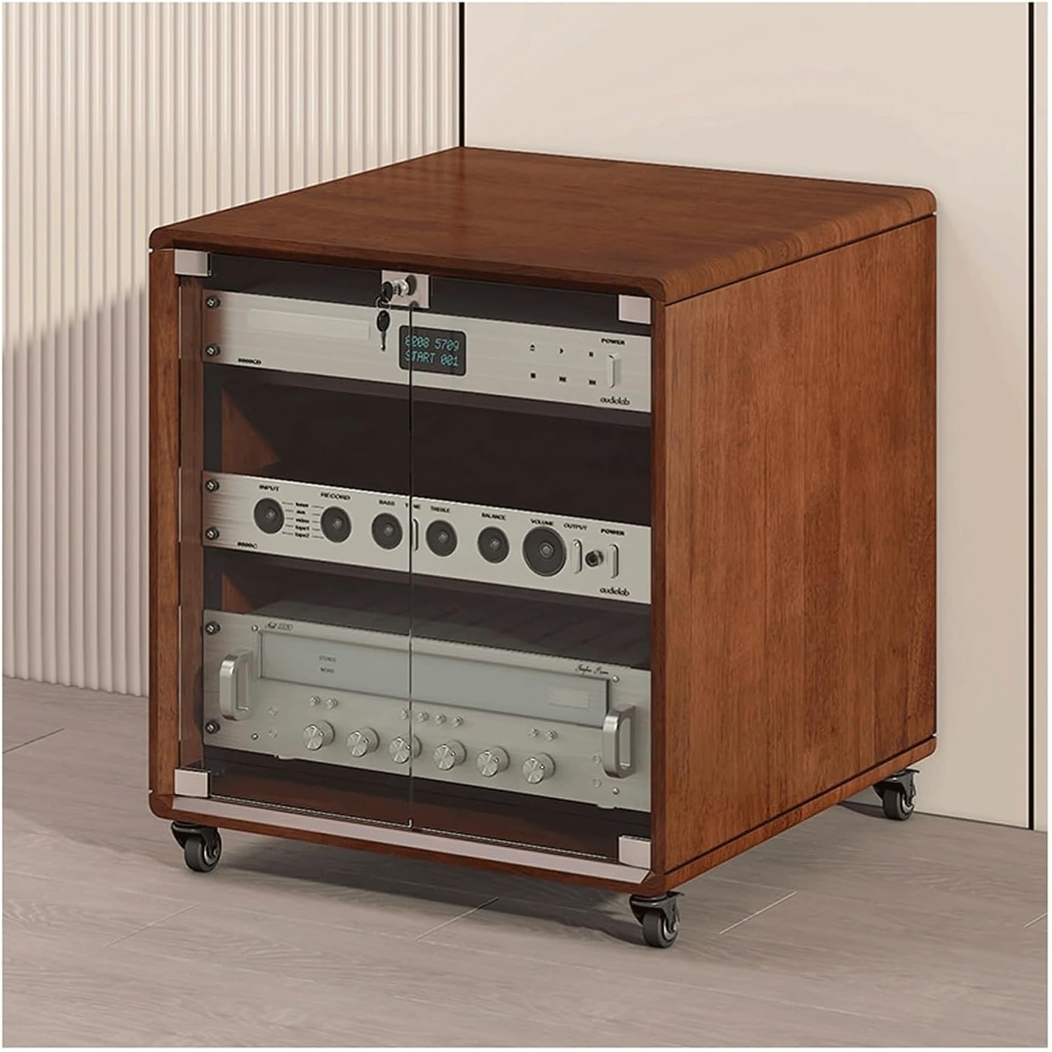 PZEOB Wooden Audio Video Stand 3/4/5 Tier AV Media Cabinet with Glass Door and Adjustable Shelves Stereo Component Cabinet with Wheels(53.5x60x65.6cm)