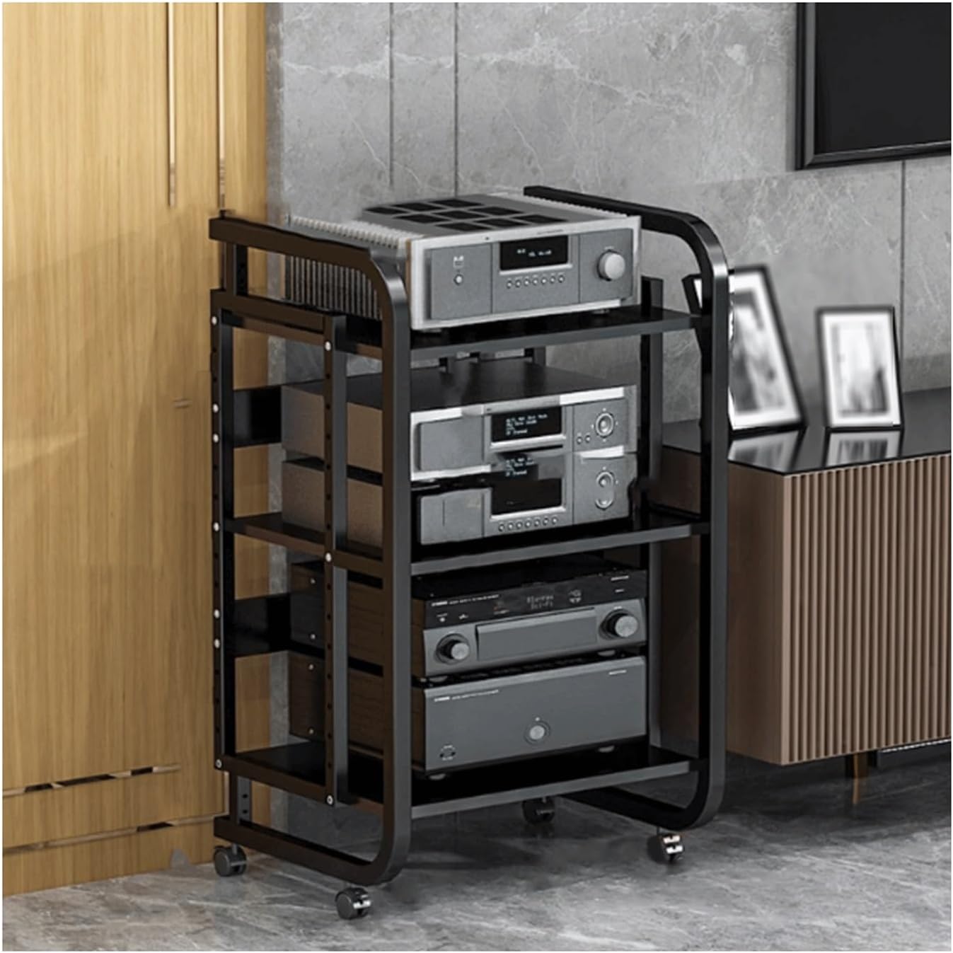 XMFBSY Medios Audio Rack Tower Stereo Cabinet with Adjustable Shelves AV Media Stand with Wheels Mobile Game Console Stand for DVD Record Player Organizer(Black