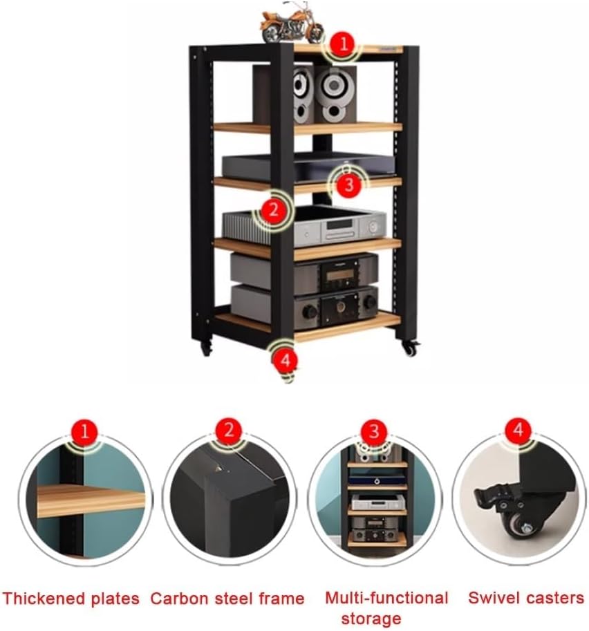 GSKDZG Movable AV Media Stand 2 3 4 5 Tier Audio Rack Tower with Adjustable Shelf Stereo Cabinet Open Media Storage Cabinet Component Cabinet(Teak