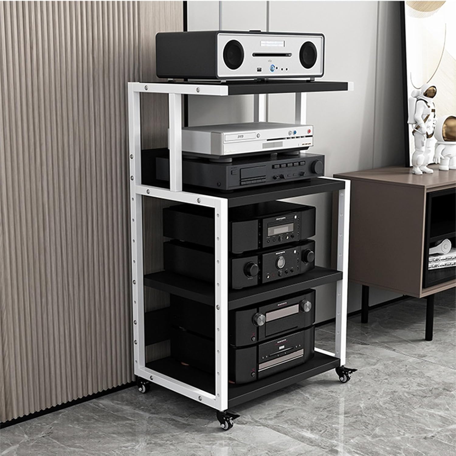 Media Stand 3/4/5-Tier Modern Media Stand Audio Video Component Cabinet Stereo Rack Multi-Functional Open Storage Rack with Height Adjustable Wooden Shelf for Home/Office/Theater