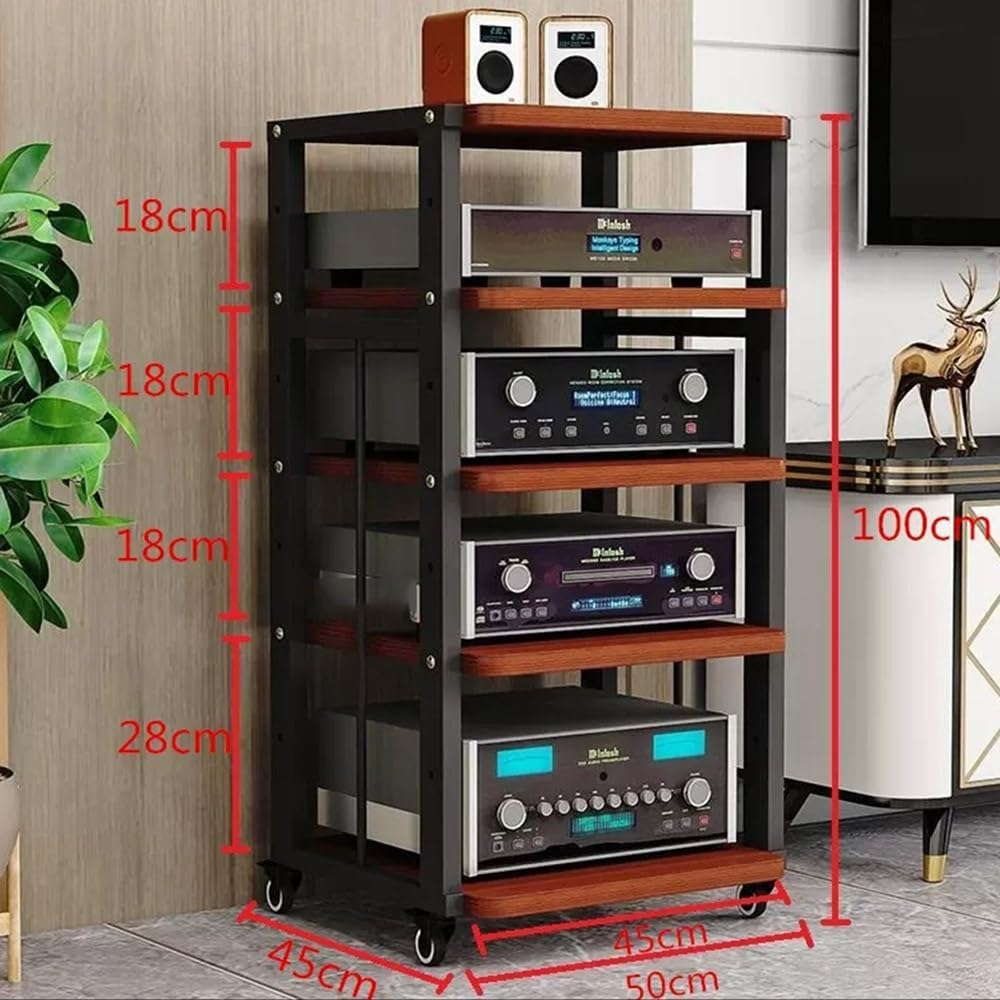 NILZA Audio/Video Storage Shelf Media Stand with Brake Wheel Audio Tower Audio Rack Adjustable Shelves Corner Audio Component Cabinet for Entertainment Components(Black+Black