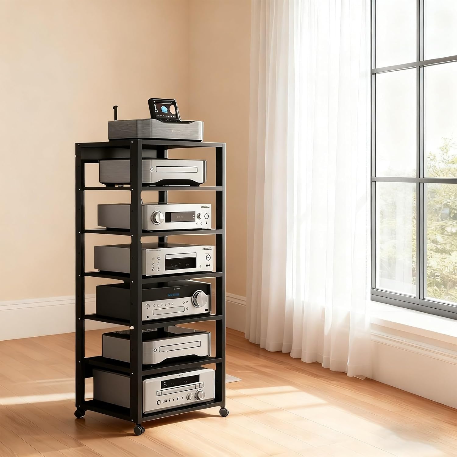Black Adjustable Height 7 Shelf Audio Rack Stand