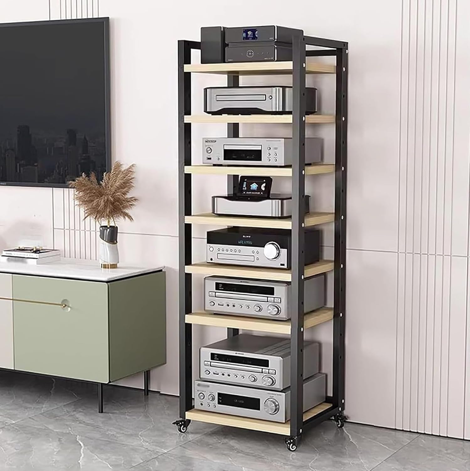 Movable AV Media Stand CD Player Stand Stereo Rack Corner TV Stand Audio Video Components Cabinet With Height Adjustable Wooden Shelf for Living