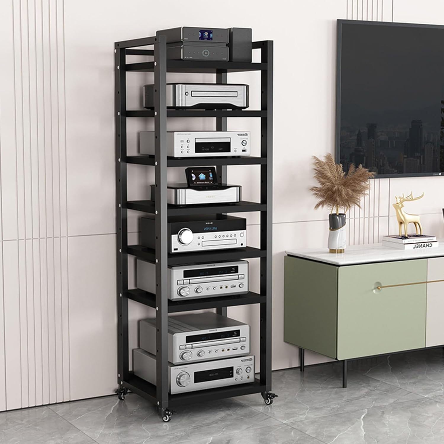 7 Tier Audio Rack CD Media Player Stand Audio/Video Component Cabinet Floor-Standing Movable Storage Shelf with Wheels for Home/Office/Theater