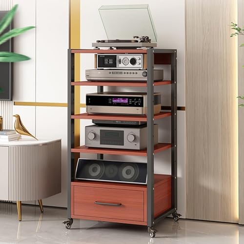 UYCVT Adjustable Movable Media Stand with Shelves & Drawer - Open Stereo Cabinet for Audio-Video Equipment Storage Portable Rack for Living Room & Office Use-Teak-5 Tier-19.6