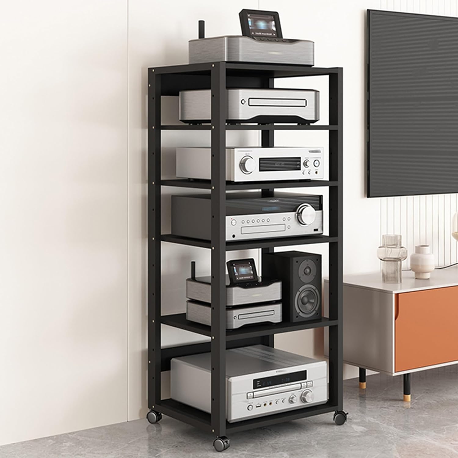 USZWBY Media Stereo Cabinet Standmedia Stand Audio-Video Shelving 3/4/5/6 Tier HiFi DVD Holder Game Rack Cd Console Cabinet with Adjustable Shelves Wooden St(Color-50X40X131Cm)