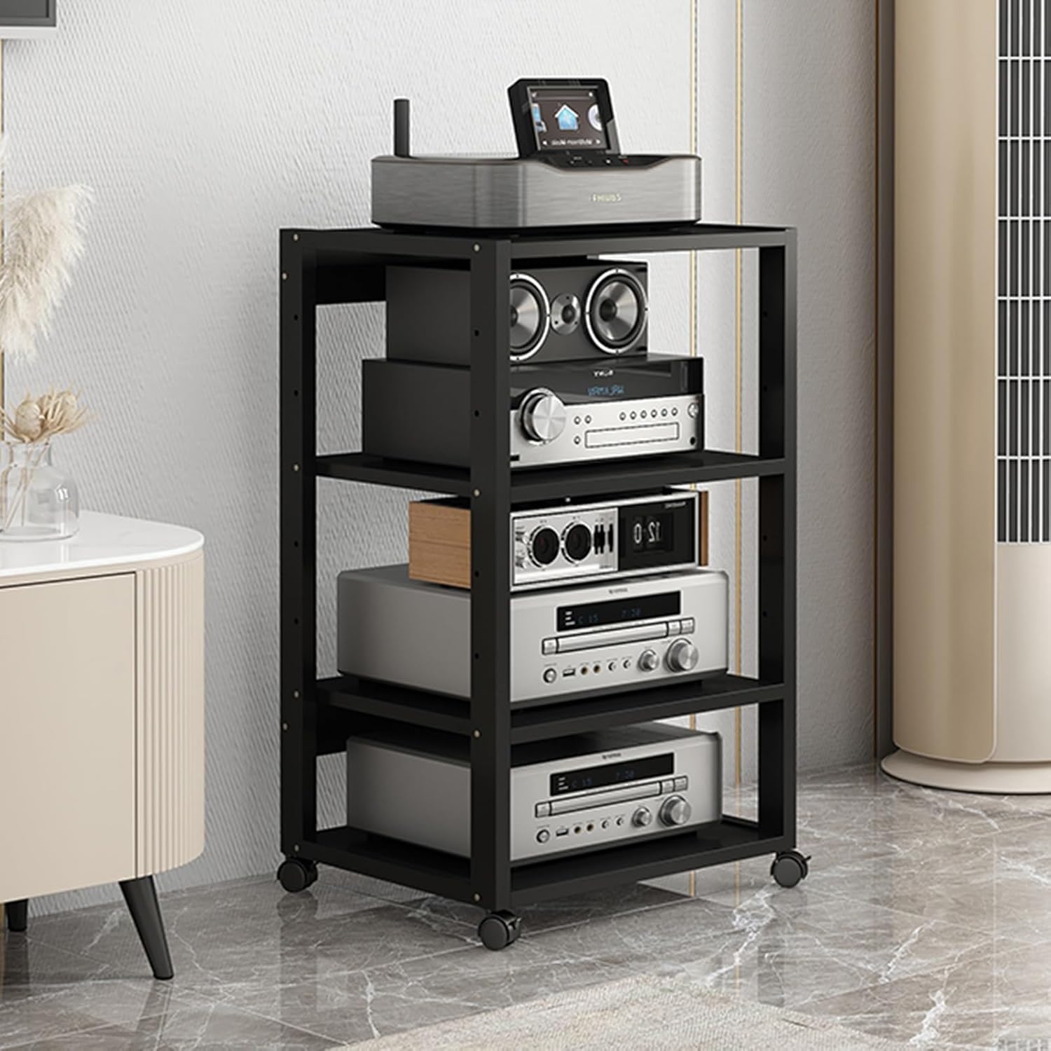 4/5-Tier AV Media Stand Movable Audio Tower CD Player Stand Stereo Component Storage Cabinet with Height Adjustable Wooden Shelf for Home/Office/Theater