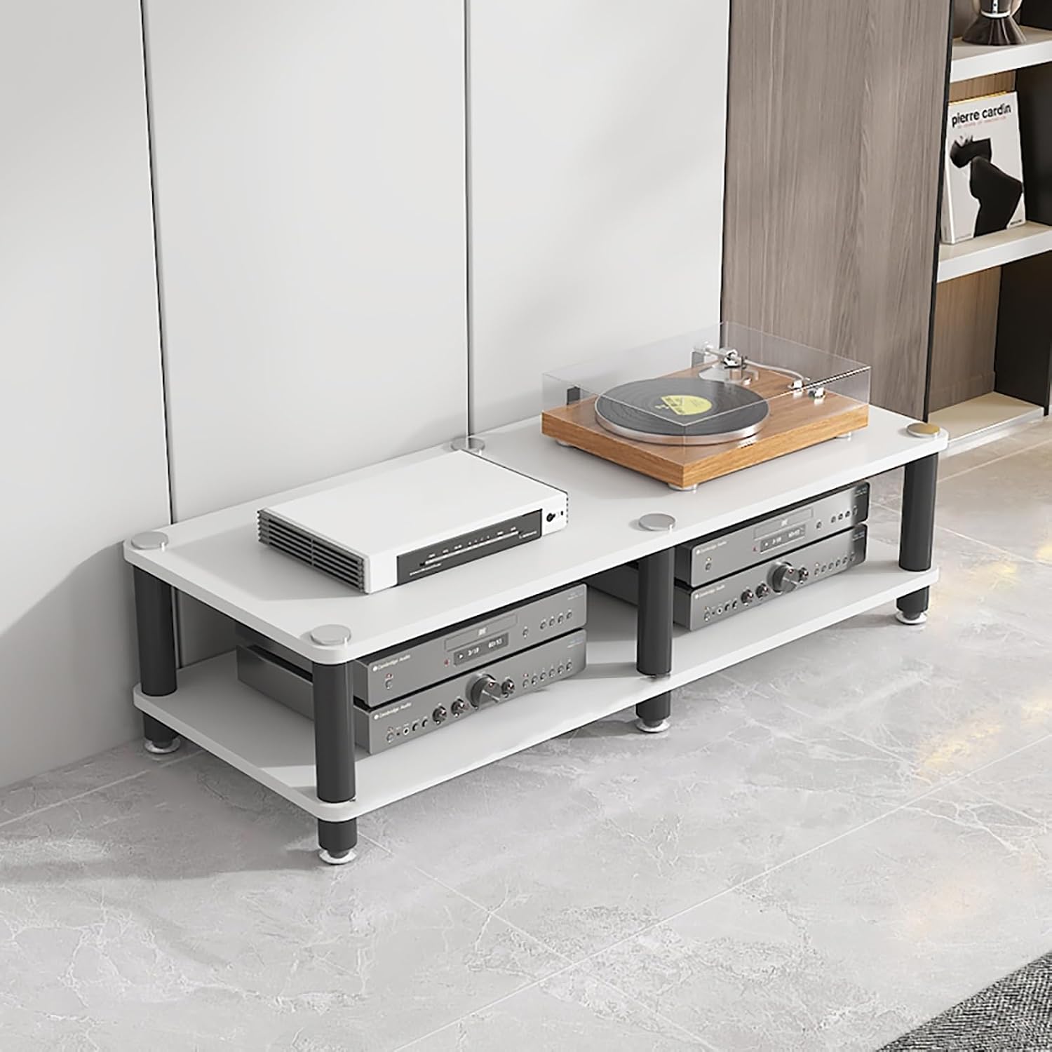 Media Audio Tower Cabinet Game Console Stand Floor-Standing Audio Rack Speaker Display Stand Modern Audio-Video Media Stand Easy to Assemble for Living Gaming Recording Room.(Black