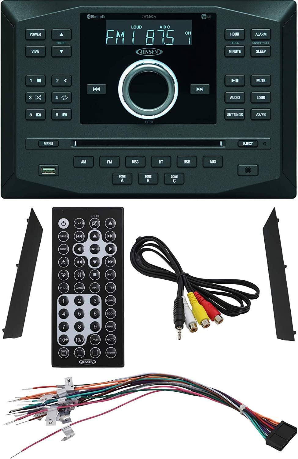 Jensen Bundle of (1) JWM62A AM|FM|DVD|CD|USB|AUX|App Ready Bluetooth Wallmount Stereo w/App Control 3-Speaker Zones / 8 Speaker Output