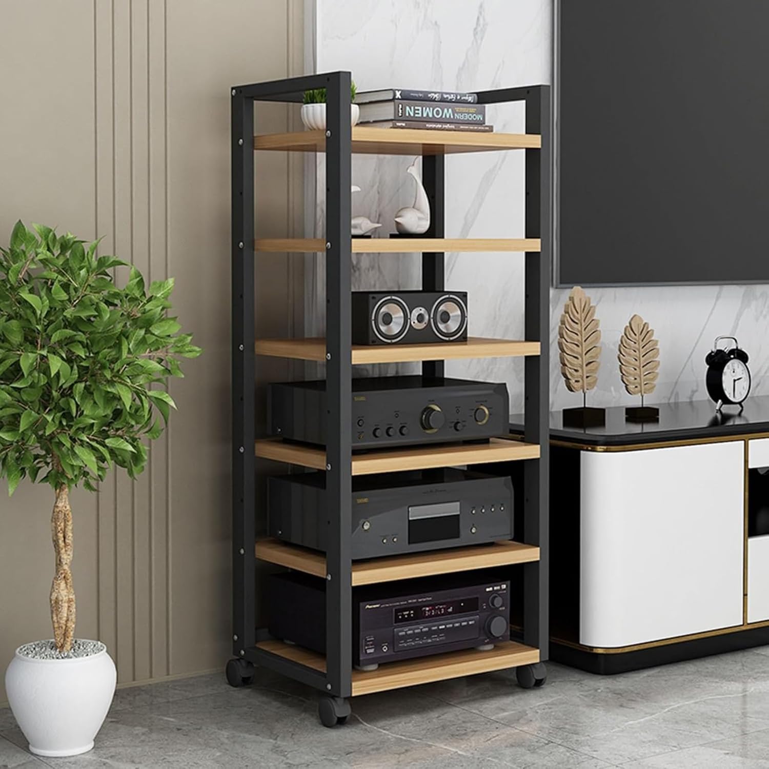 XingLi 4-Tier AV Media Stand Corner Shelf Stand Component Cabinet Stereo Rack Audio Tower with Height Adjustable Wooden Shelves for Xbox/ PS5/ Switch/Game Consoles(C