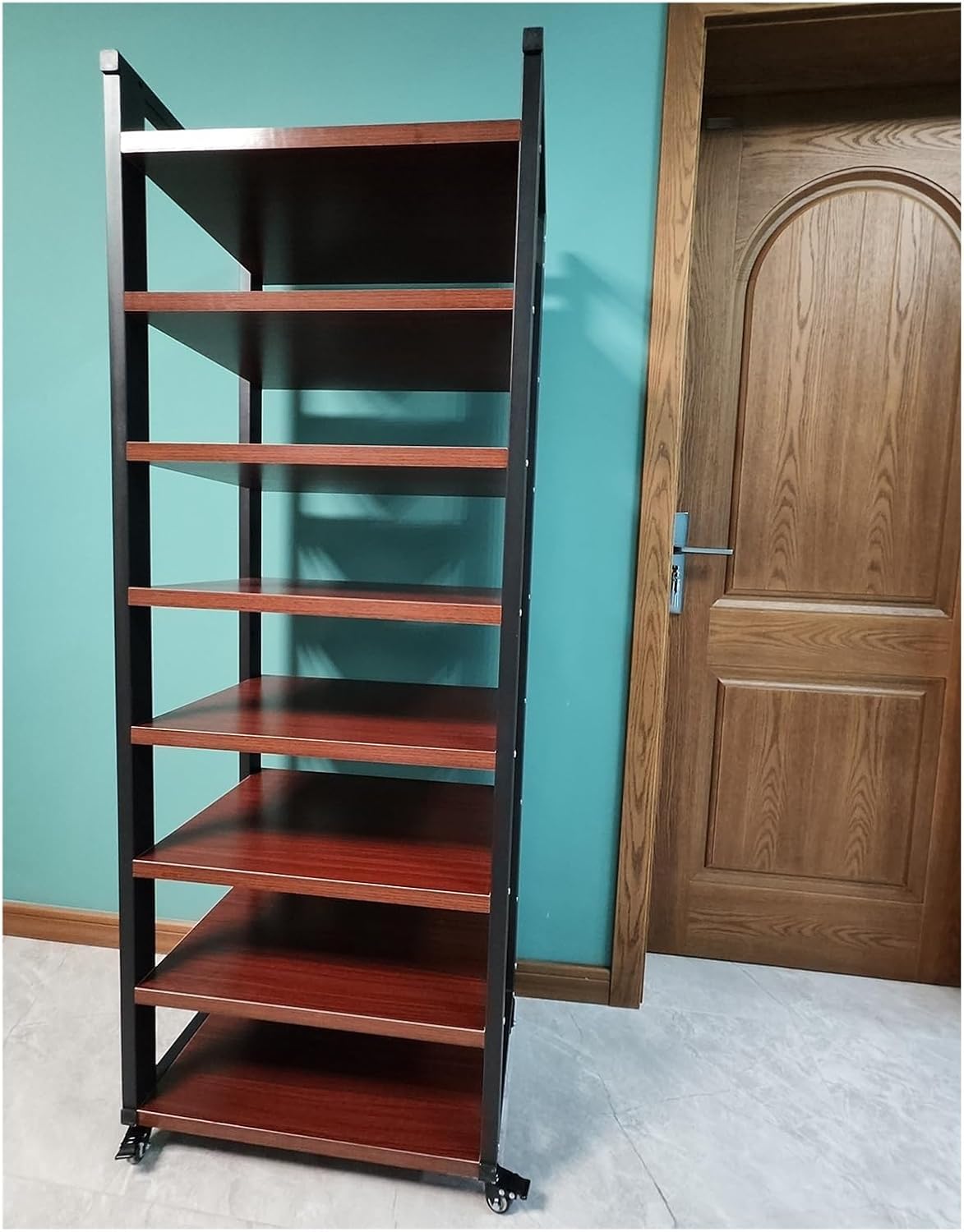 UYCVT 8-Tier Height Adjustable Mobile Media Storage Shelf - Corner Audio Rack for Living Room Bedroom & Meeting Room - Large Video Component Cabinet-Teak-7 Tier