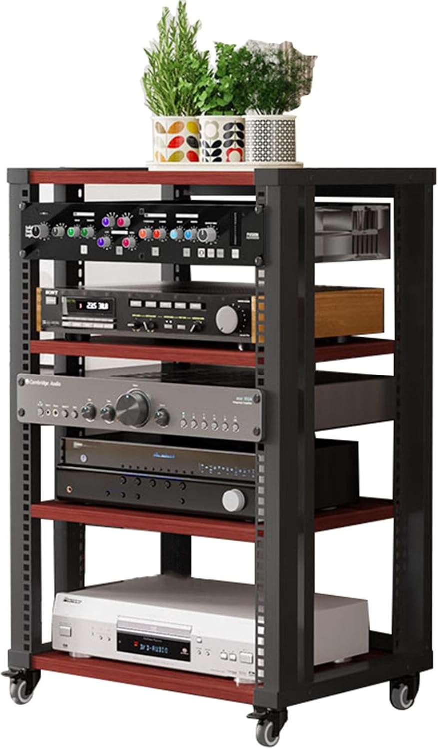 YLQFGUVWK Record Player Stand 4 Tier Wooden Shelves with Height Adjustable Wooden Shelves for Av Amp/Turntable/Skybox/Printer(Red Teak)