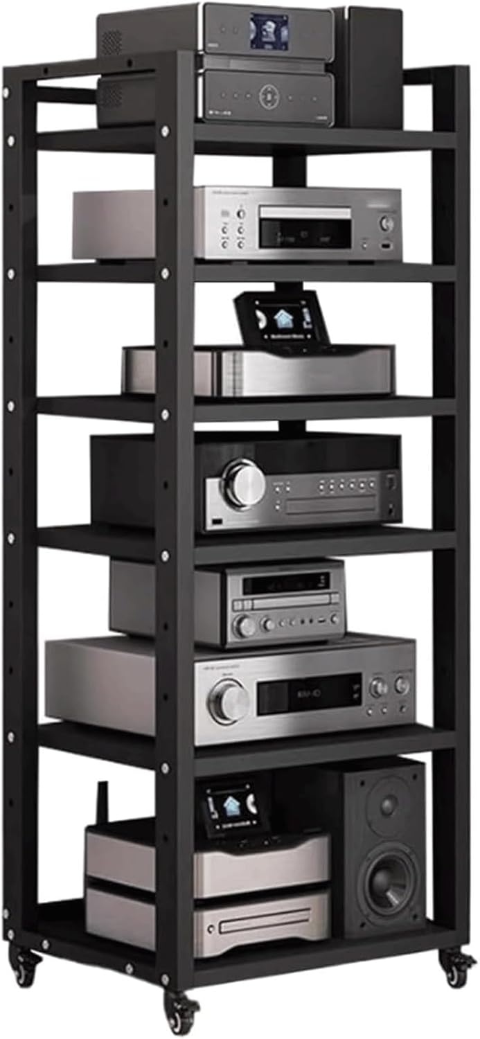 KUddYYKi Audio Rack Movable Stereo Rack Adjustable Audio Equipment Rack Audio Open AV Stand Wooden with Wheels HiFi Rack Audio-Video Shelving(Rot