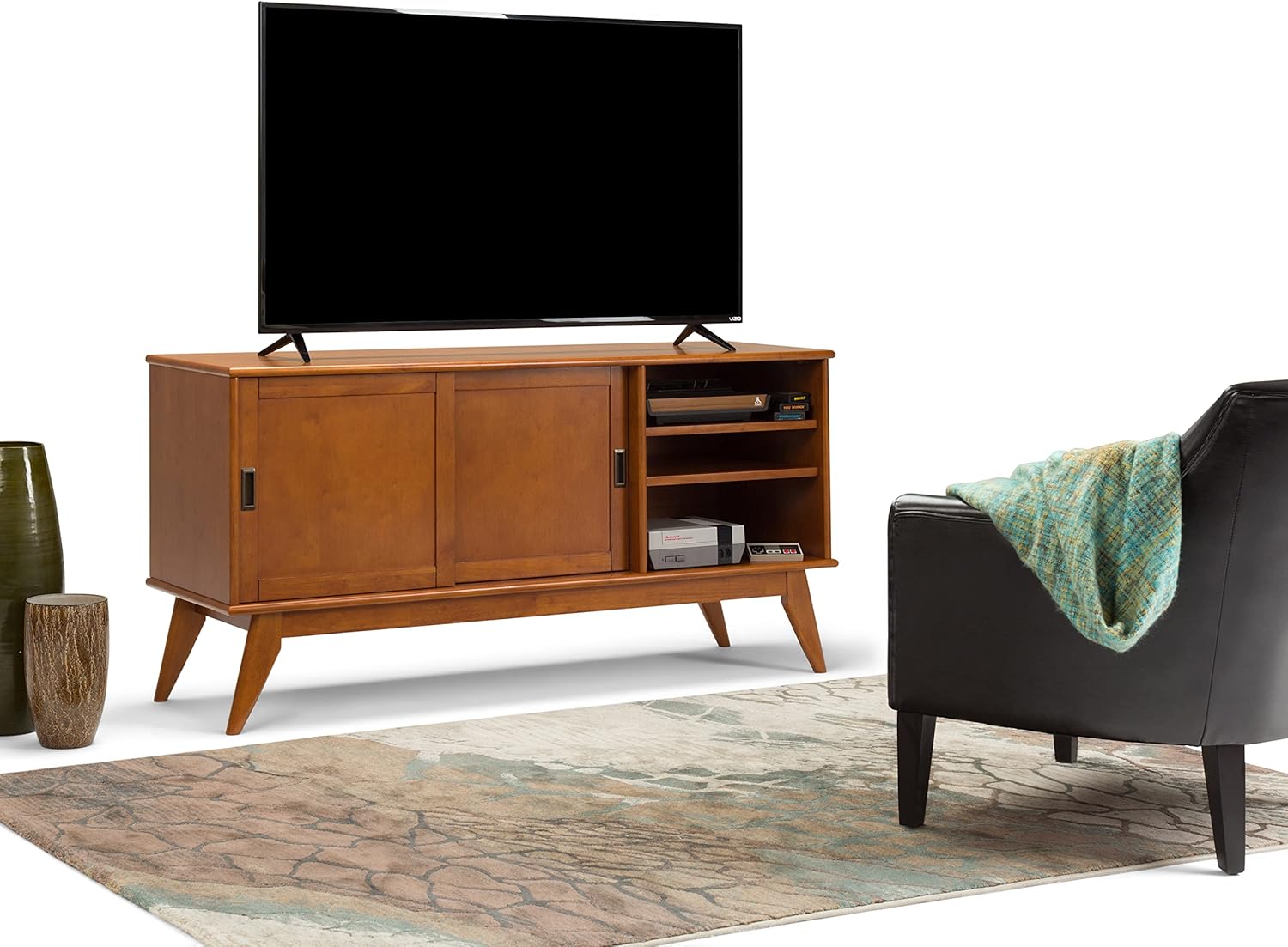 SIMPLIHOME Draper SOLID HARDWOOD 60 Inch Wide Mid Century Modern TV Media Stand in Teak Brown For TVs up to 65 Inches