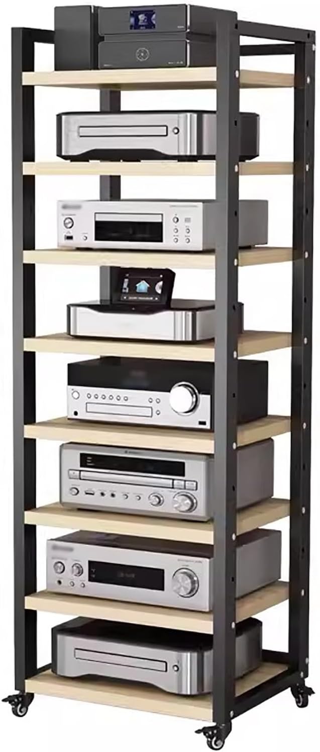 UYCVT Height-Adjustable Audio Rack Shelf - Media Cabinet with Casters for Living Room Compact Entertainment Center for Stereo Components Ideal for Small Spaces-Black-#1-8 tier-60cm Wide