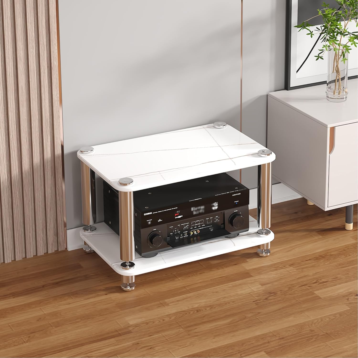 1/2/3/4 Tier Media Shelf Record Player Corner TV Stand Stereo Cabinet Audio Rack Small Entertainment Center Rack Split Shock Absorber Design for Living Room Game Room Music Studio(White