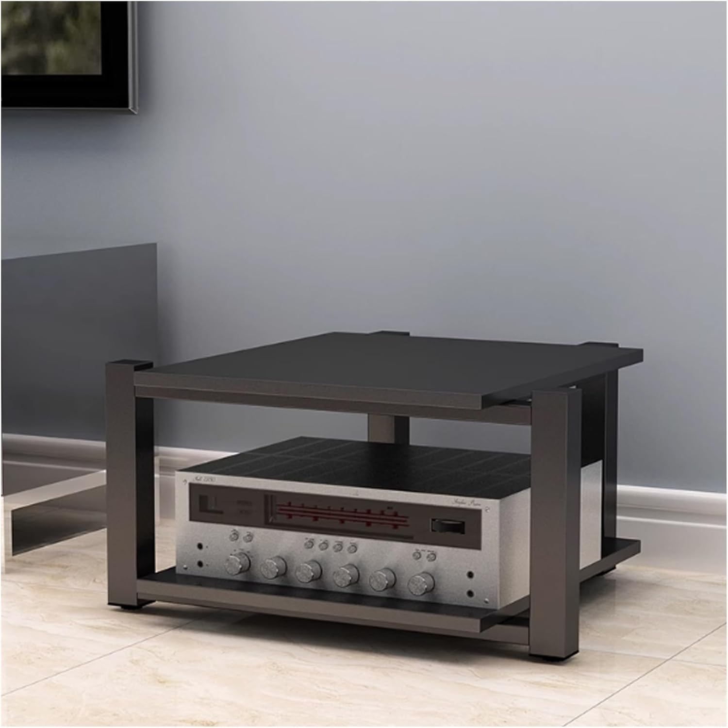 Audio-Video Shelving Stereo Rack AV Media Stand with Open Storage Wooden CD Rack & Stereo Component Organizer for Recording Room Solid Construction(Black