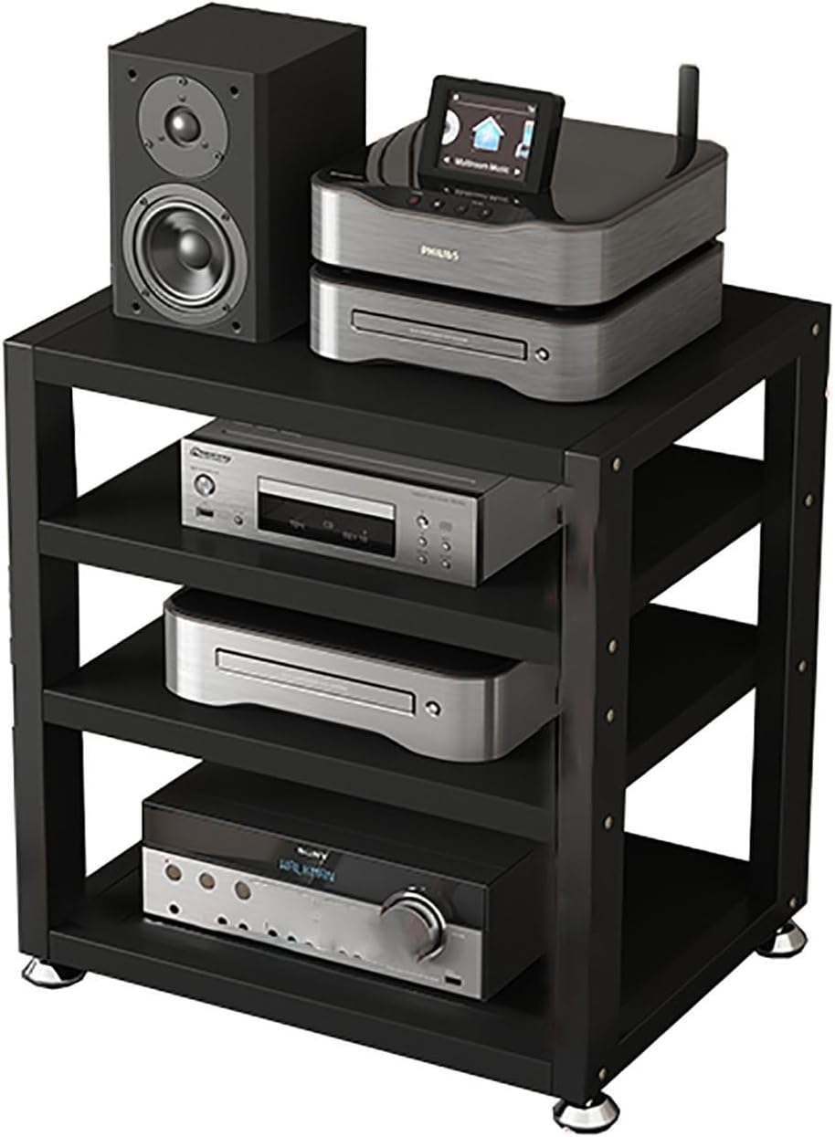 Media Stand Audio Rack Portable Media Storage Rack AV Media Stand Corner Shelf Stereo Racks and Stands with Storage Shelves for Living Gaming Recording Room Meeting Room Bedroom.(Black