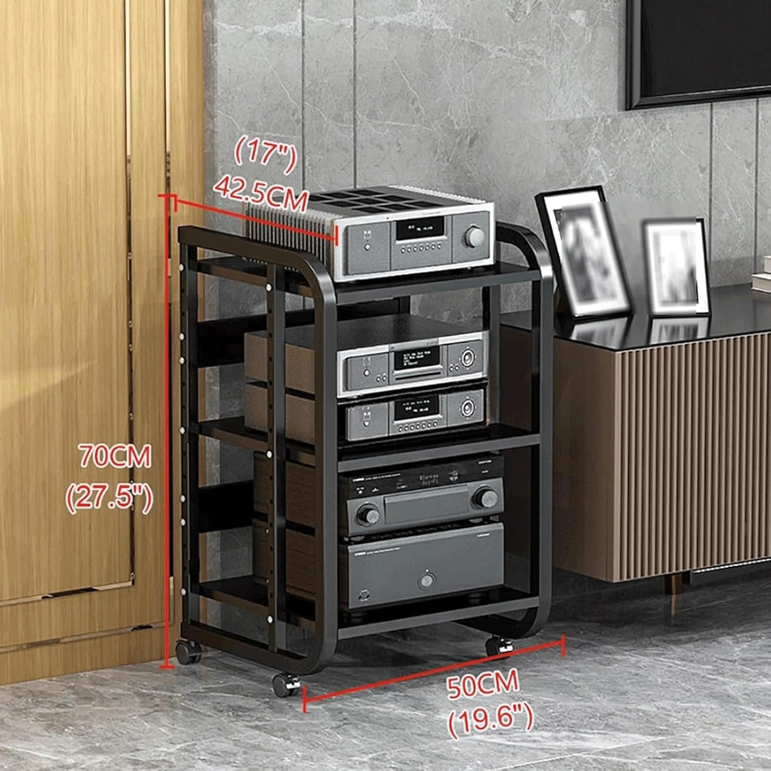 PZEOB Audio Tower Rack Modern Media Stand Adjustable Audio-Video Shelving Open Design AV Storage Shelves with Wheels Record Player Stand(White