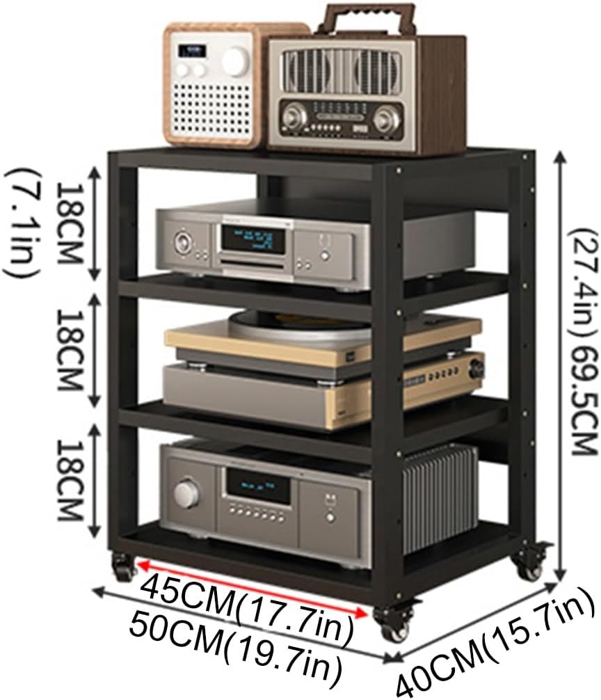 4-Tier Movable Media Stand Entertainment Center Audio Video Component Cabinet CD Player Stand Stereo Rack with Height Adjustable Steel Shelf for Home/Office/Theater