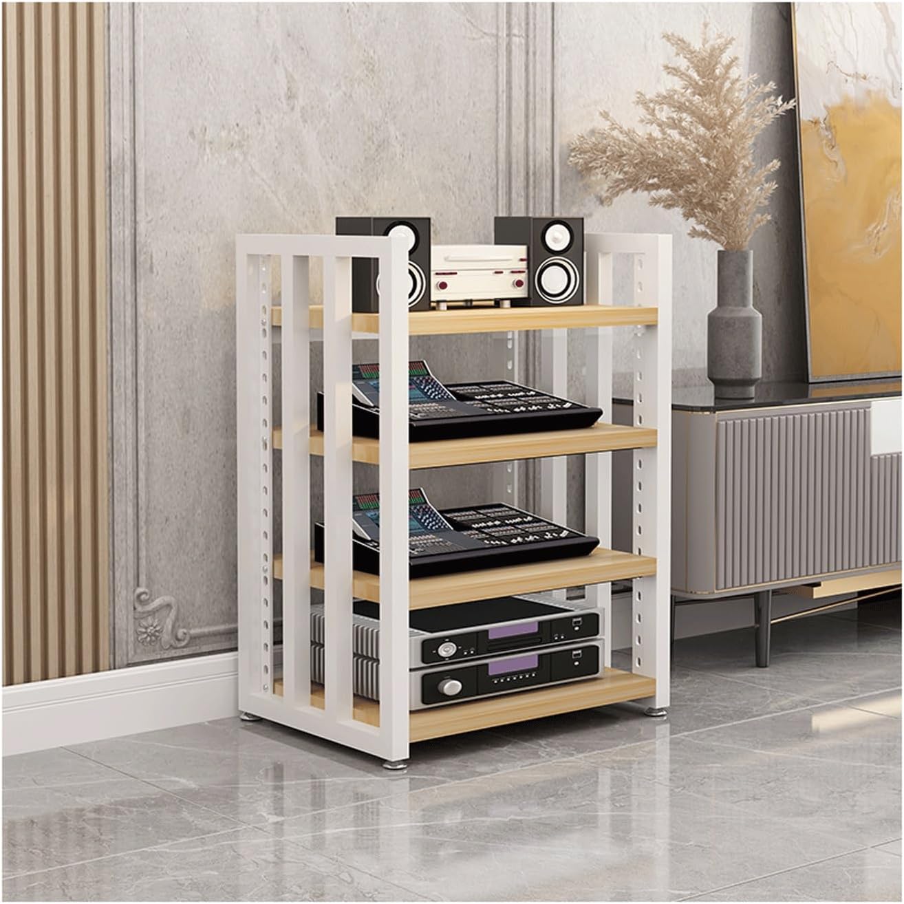 XMFBSY Medios 4-Tier AV Media Stand HiFi Stand Audio Tower Rack with Adjustable Shelves Wooden Stereo Component Cabinet for Record Player TV Box Game Console Organizer(Natural)