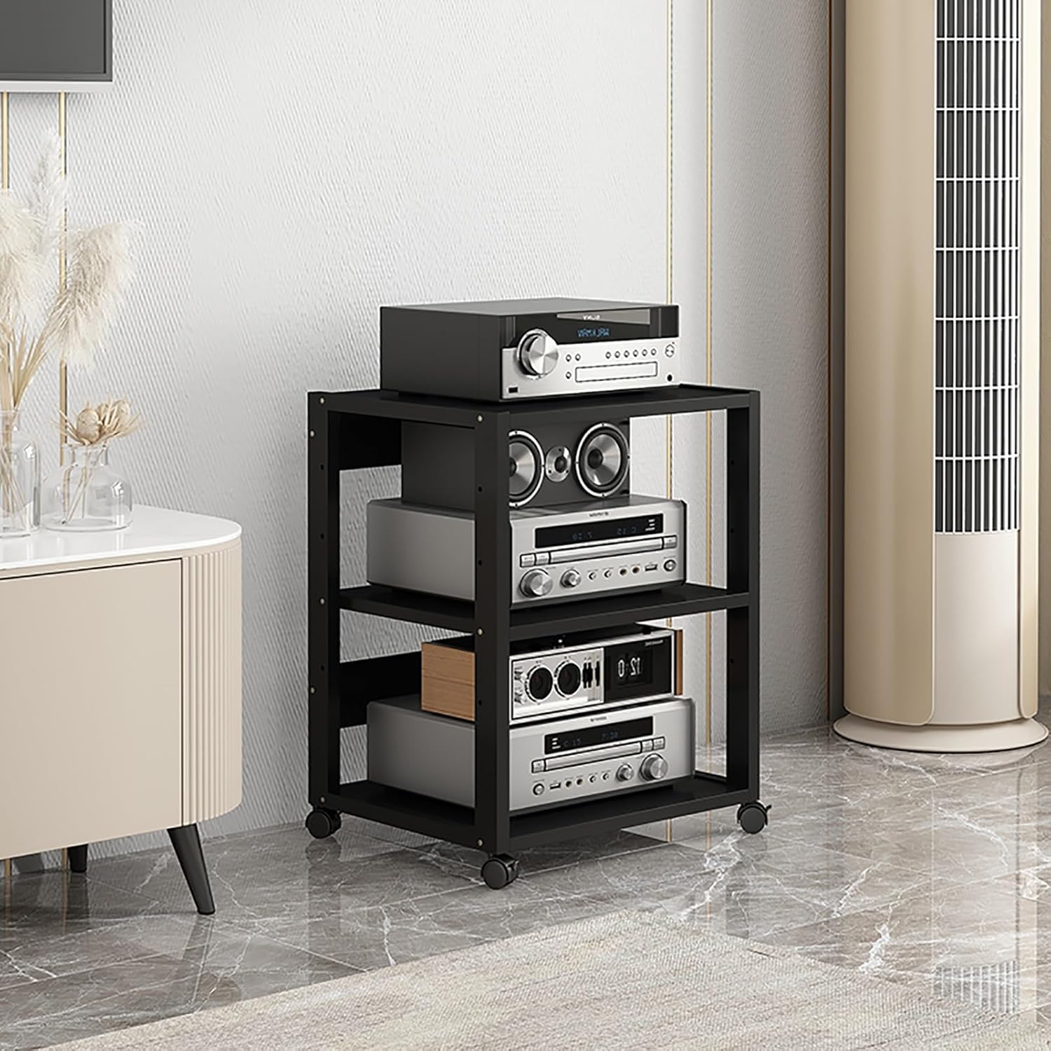 3-Tier Audio-Video Media Stand With Height Adjustable Wooden Shelf